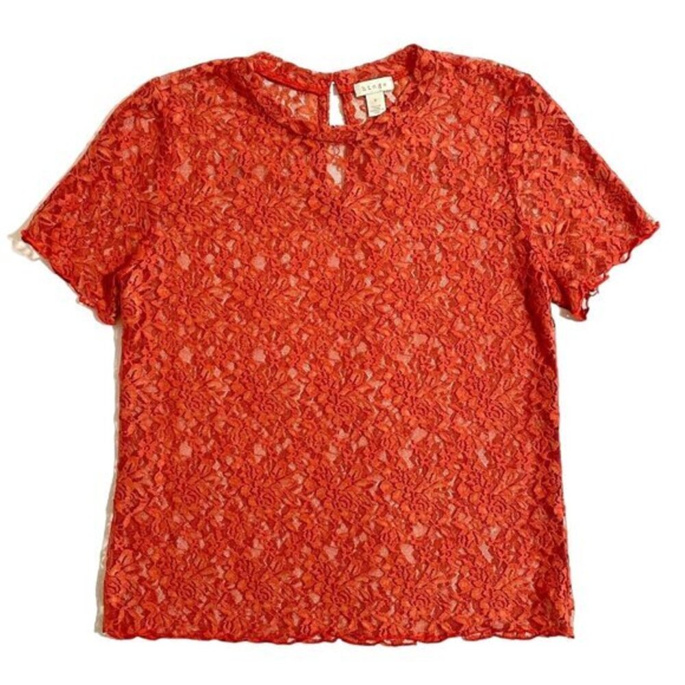 Orange Lace Top Hinge See Through Sheer Short Sleeves SZ S New